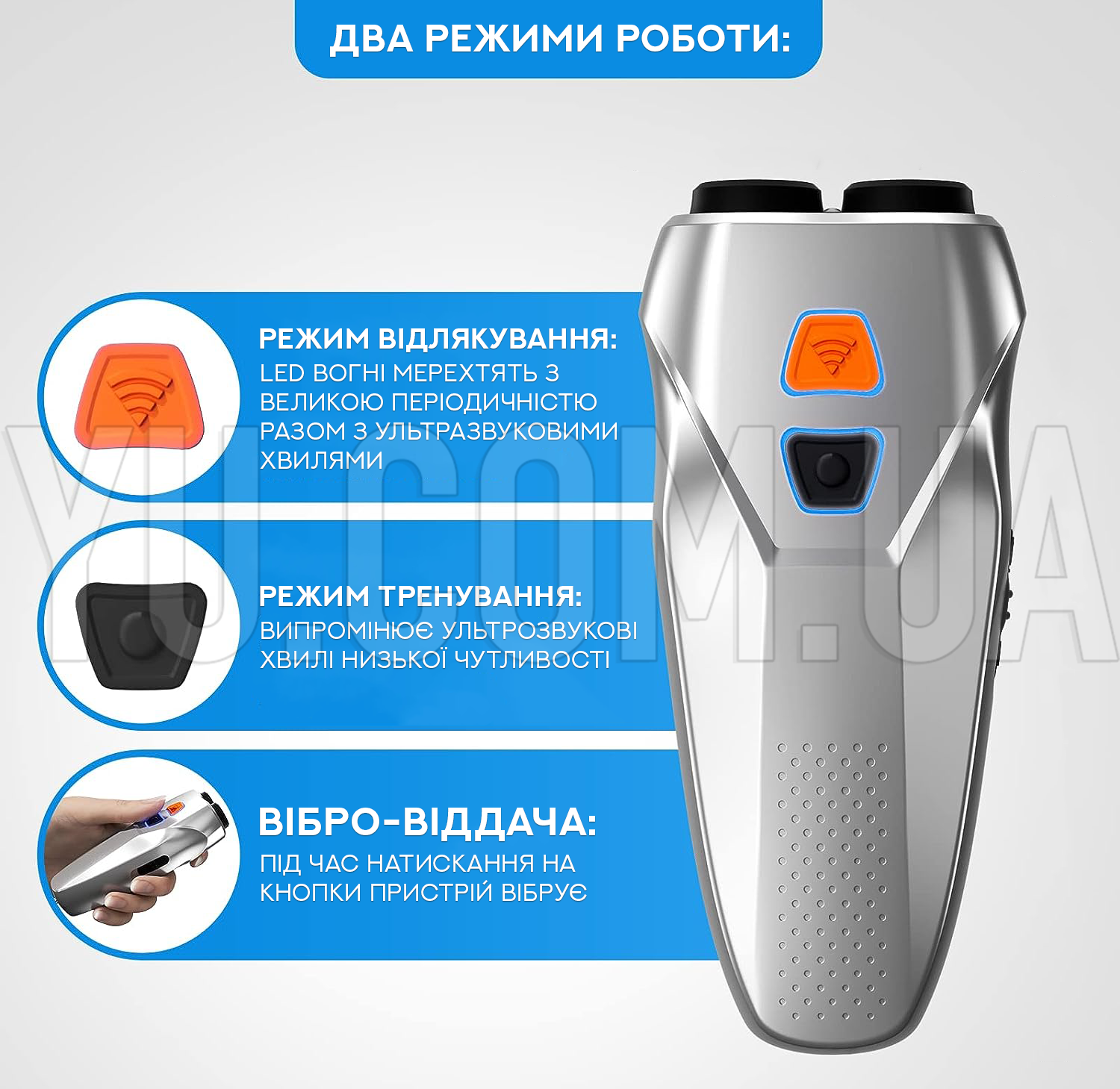 Потужний ультразвуковий відлякувач собак Ultrasonic Dog Repeller PU 70 з акумулятором та ліхтариком Потужний ультразвуковий відлякувач собак Ultrasonic Dog Repeller PU 70 з акумулятором та ліхтариком